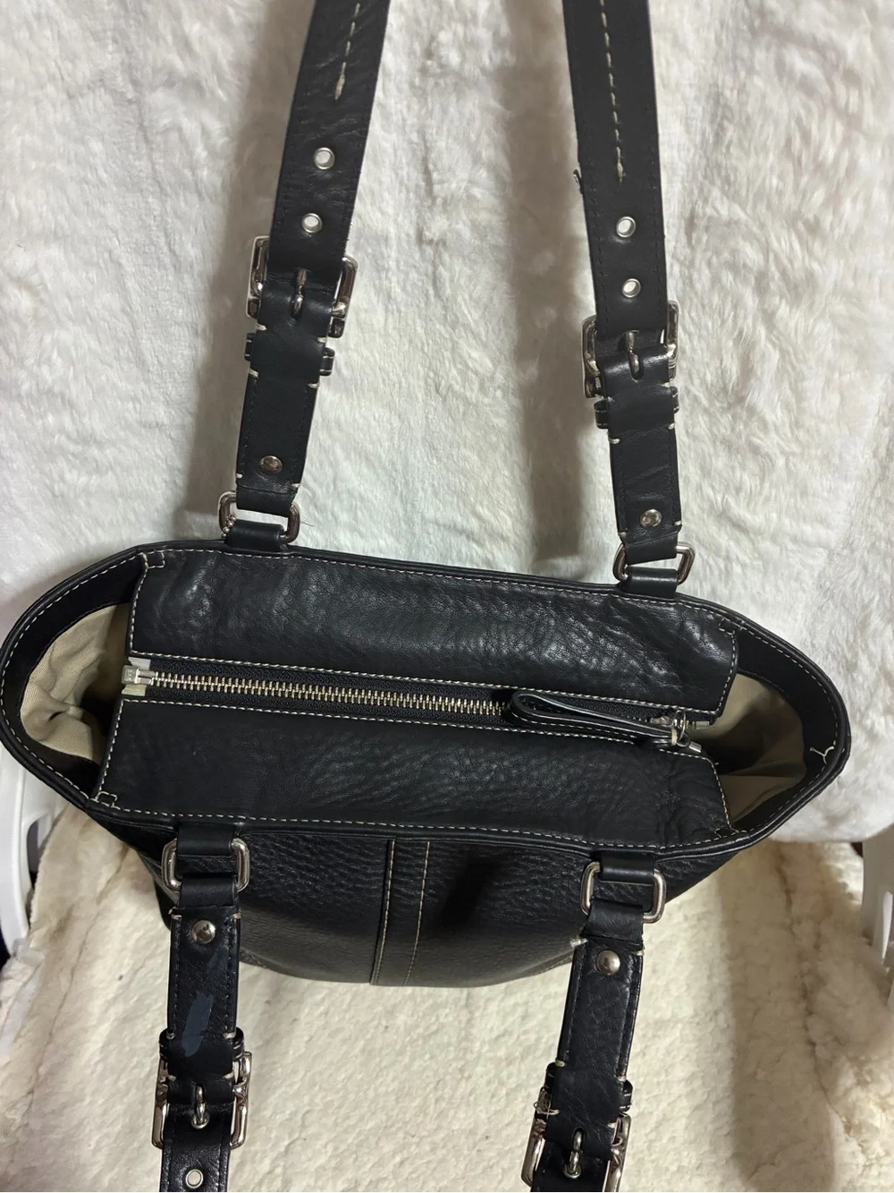 Coach Hamilton Black Leather Shoulder Bag with White Stitching